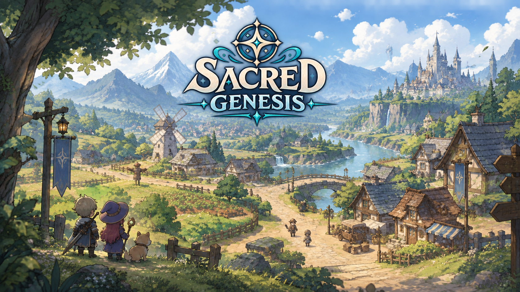 Sacred Genesis: dos aventureros contemplan un valle con un pueblo, un río y una ciudad lejana al atardecer