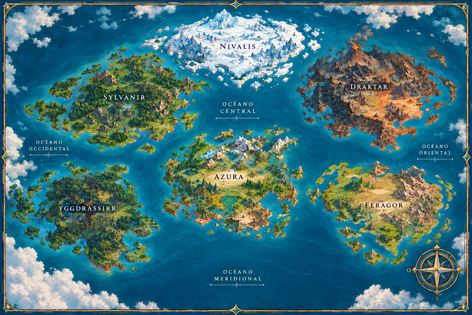 Mapa del mundo de Sacred Genesis: seis continentes — Nivalis, Sylvanir, Yggdrassirr, Azura, Draktar y Feragor — separados por los océanos Occidental, Central, Oriental y Meridional